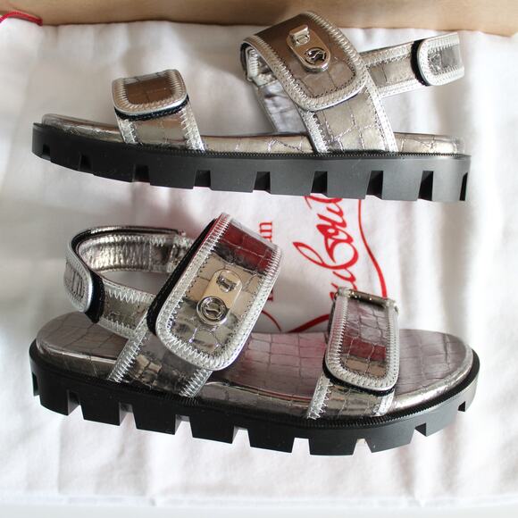 Christian Louboutin Lock Cool Metallic Croc-Embossed Leather Chunky Sandals - Picture 6 of 16